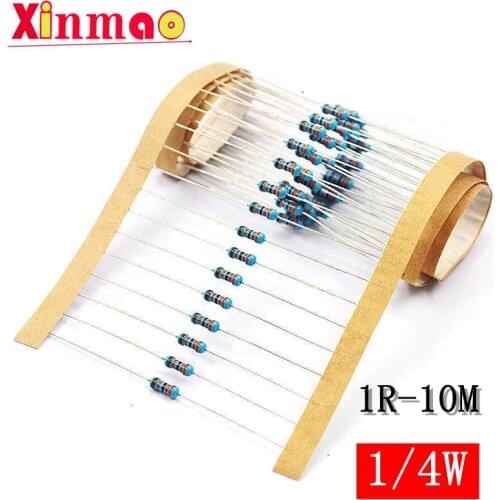 100pcs 1/4W 1R~22M 1% Metal film resistor 100R 220R 1K 1.5K 2.2K 4.7K 10K 22K 47K 100K 100 220 1K5 2K2 4K7 ohm resistance