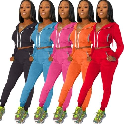 2021 Reflective Striped Sportswear Two Piece Set Women Long Sleeve Hooded Crop Top With Pockets Pencil Pants Jogging Outfits