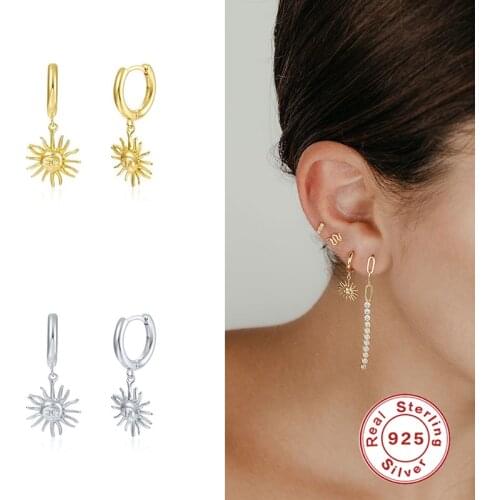 Aide Real 925 Sterling Silver Hoop Earrings With Sun Light Shape Round Pendant for Women Punk Fine Jewelry Gift Brincos Aretes