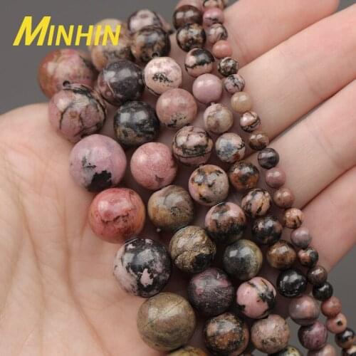 MINHIN Natural Stone Black Lace Rhodonite Beads 15" Strand 4 6 8 10 12 MM Loose Beads For Jewelry Making DIY Accessories