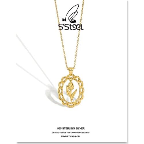SSTEEL Korean Necklaces For Women 925 Sterling Silver Chain Tulip Flower Gold Pendants Necklace Colares De Prata 925 Jewellery