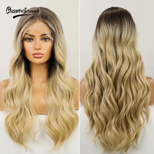 CharmSource Long Curly Wig Lace Front Synthetic Wigs for Women Brown Ombre Blonde Daily Wedding Hair High Density Heat Resistant