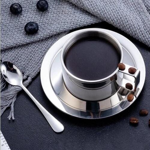 Stainless Steel Double Layer Design Insulated Mug with Dish Spoon Coffee Cup Set