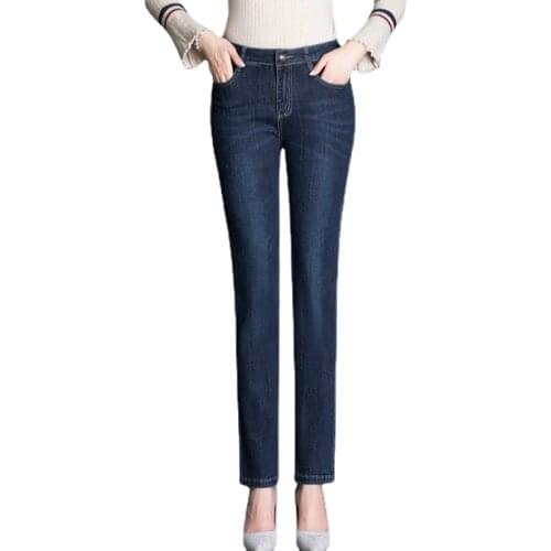 Autumn Women High Waist Jeans Washed Denim Skinny Pants Plus Size Stretch Fat Mom Jeans Female Pocket Elastic Straight Trousers