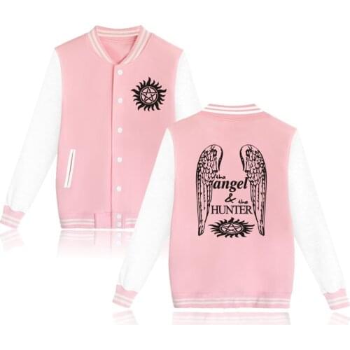 Supernatural Angel and Hunter Baseball Uniform Fleece Jacket Women Men Streetwear Hip Hop Long Sleeve Pink Hoodie Sweatshirts