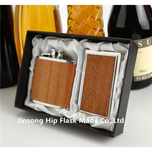 3oz deep wooden wrapped hip flask with wooden wrapped stainless steel mirror business card holder,high quality mirror,No scratch