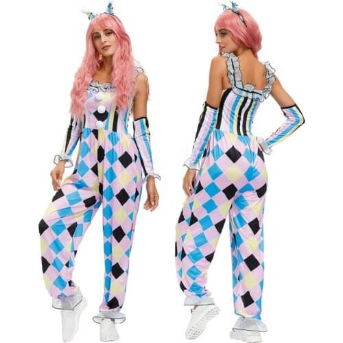 Halloween Women Circus Clown Cosplay Costume Sleeveless Colorful Jumpsuit Headband Gloves Carnival Party Outfits