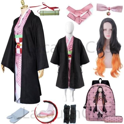Anime Demon Slayer клинок рассекающи демон Kimono Cosplay Kimetsu no Yaiba Kamado Nezuko Full Cosplay Costume Shoes Wig backpack