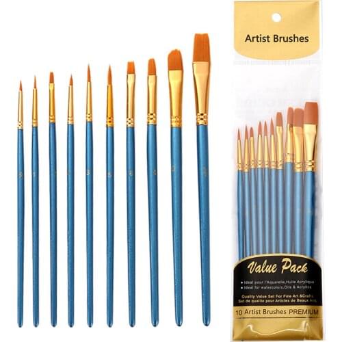10Pcs/set 3 Colors Nylon Paint Brushes Set Acrylic Watercolor Professional Wooden Handle Painting Brushes Art Supplies