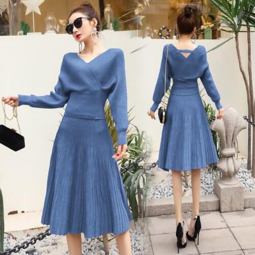 SMTHMA 2 Pieces Set Knitted Pullover Sweater Luxury Shinning Jumper Tops And Fashion Elastic Waist Pleats Skirt Sets