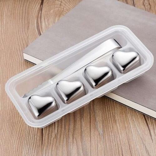 1Set Stainless Steel Ice Cubes With Clip Heart Shape Drinks Cooler Rocks Ice Chilling Stones For Wine Bar Tools Kitchen Supplies