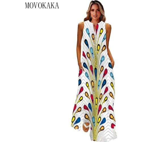 MOVOKAKA Peacock Feather Stripe Print Dress 2021 Casual Plus Size Long Dresses Summer Woman Sleeveless Holiday Beach Dress Women