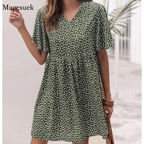 Summer 2021 Fashion Women Maxi Dress V-neck Print Wave Point Short Sleeve Dress Women Loose High Waist Green Dress Vestido 15086
