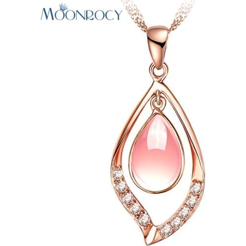 MOONROCY Drop Shipping Jewelry Rose Gold Color Waterdrop Leaf Ross Quartz CZ Pink Opal Necklace for Women Girls Gift Choker