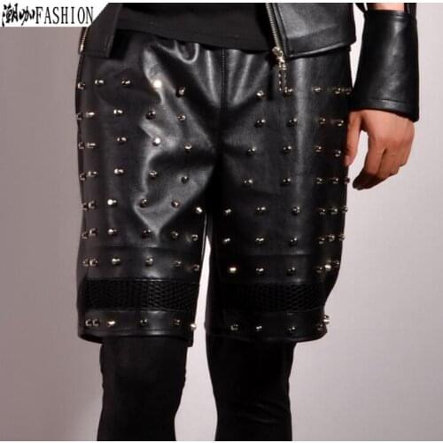 Mens short pants stage personality Punk rivet pant men leather trousers pu singer dance rock fashion street star style novelty