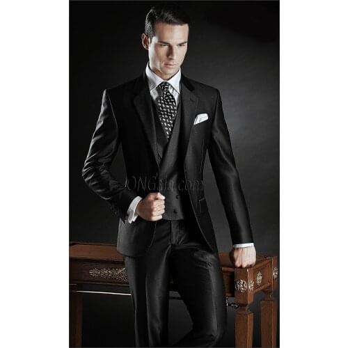 Slim Fit Groom Tuxedo Groomsmen Shiny Black Wedding/Dinner/Evening Suits Best Man Bridegroom (Jacket+Pant+Vest)