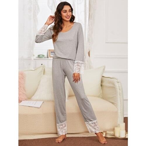 Autumn Pajamas Set Women Lace Cuff Sleepwear Female Casual Pyjamas Suit Tops with Long Trousers Home Clothing