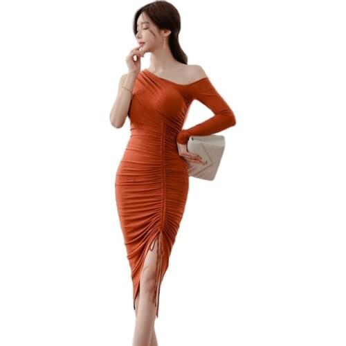 One shoulder Dress Club one piece korean ladies fall long Sleeve Pleate irregular Party Dresses for women china clothing