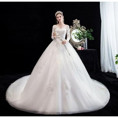 Wedding Dress 2020 Vestido De Noiva V-neck Full Sleeve Wedding Gowns Luxury Lace Embroidery Plus Size With Train Bride Dress