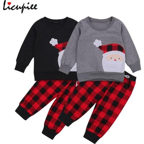 Boy\unews Long Sleeve and Trousers Suit Cartoon Santa Claus Pullover T-shirt and Classic Plaid Elastic Long Pants 1-6 Years