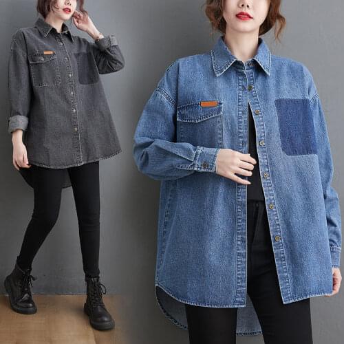 2021 Spring Autumn New Fashion Plus Size Denim Shirt Jacket Womens Mid-Length Loose Korean Wild BF Top Coat Trend Jaqueta zh958