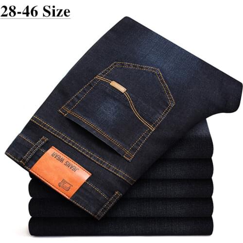 Classic mens plus size jeans Fashion business casual elastic force Slim fit black blue Brand trousers 40 42 44 46