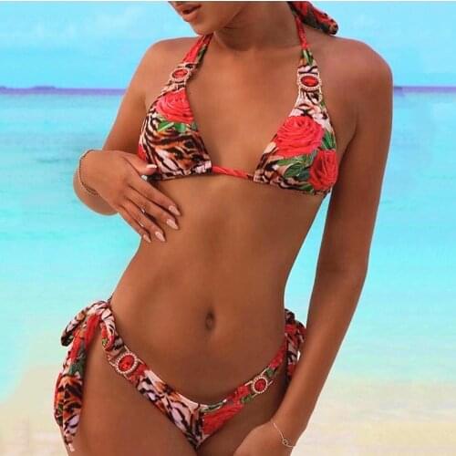 2020 Sexy Halter Leopard Crystal Diamond Bikini Women Swimsuit Female Swimwear Two Pieces Bikini set Brazilian Bathing Suit Swim