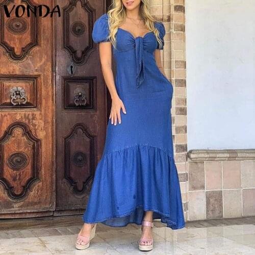 Demin Shirt Dress Women Vintage Puff Sleeve Ruffled Hem Party Long Maxi Dress VONDA 2021 Summer Casual Vestido Robe Femme