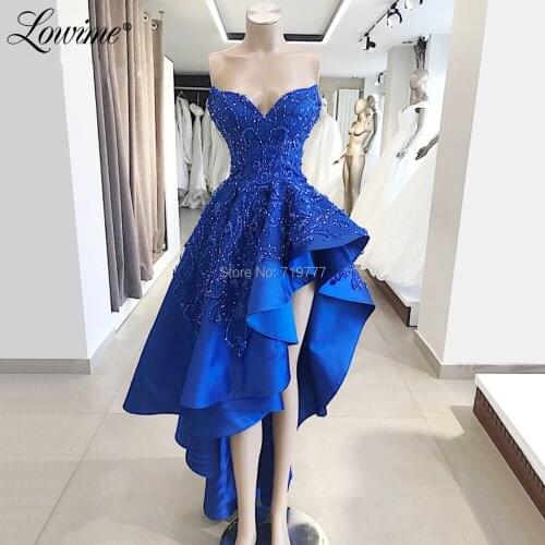 Royal Blue Beaded High Low Prom Dresses 2019 New Custom Made Evening Dresses Party Gowns Dubai Turkish Islamic Robe De Soiree