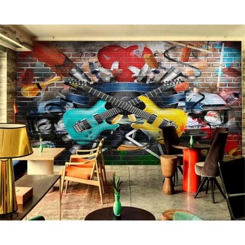 Beibehang Custom Cafe Hotel Bar Interior 3d Wallpaper Hand Painted Guitar Graffiti Rock Background Wall 3d wallpaper mural