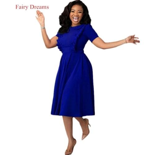 African Dresses for Women Doll Collar Mid-Length Afirca Lady Clothes Solid Color High Waist Basic Temperament Commute Dress