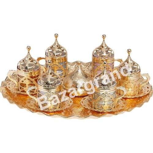 WHITE-YELLOW-MINI-ANTIQUE COPPER-ANTIQUE YELLOW SIX COFFEE SET - WOODEN BOX - ANTIQUE YELLOW PATTERNED CHIC PRESS SIX-PERSON TEA