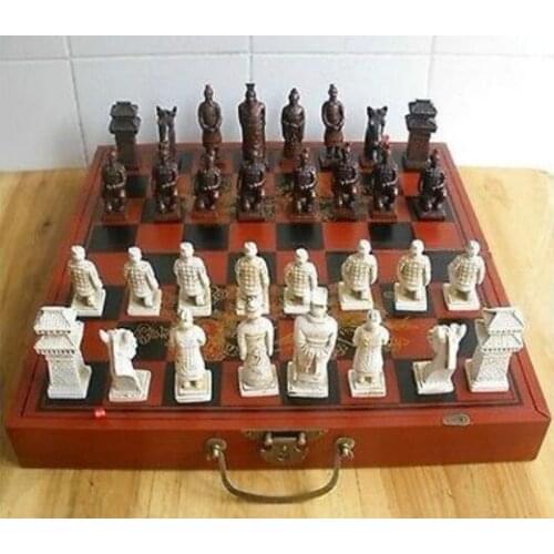 Decorative building Chinese 32 pieces chess set/box/Xian Terracota Warrior Garden Decoration 100% real Tibetan Silver Brass