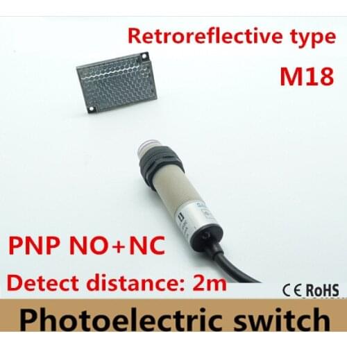 M18 Retroreflective type PNP NO+NC DC 4 wires photoelectric switch Infrared photocell sensor with mirror reflector distance 2m