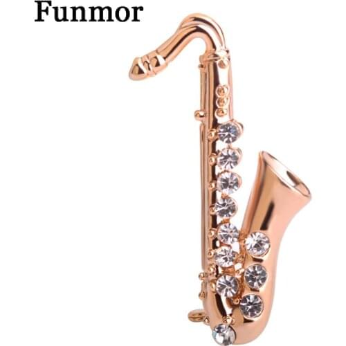 FUNMOR Crystal Musical Instrument Style Brooches Guitar Saxophone Trumpet Violin Brooch Suit lapel Pins Musician Badge Bijoux