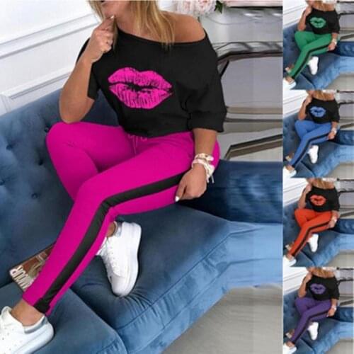 Summer New Style Sexy Lip Printing Ladies Trousers Fashion Color Matching Womens Sports and Leisure Plus Size Suit 2-Piece Set