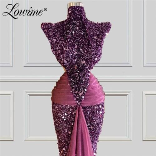 Lowime Purple Beads Sequin Evening Dresses Formal Mermaid Party Gowns For Wedding 2021 Long Dubai Prom Dress Arabic Evening Wear