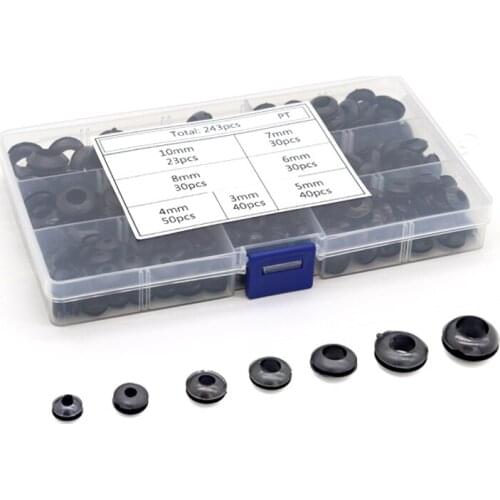 243Pcs/box Rubber Grommet Gasket Kits for Wire Cable Black Assortment Set
