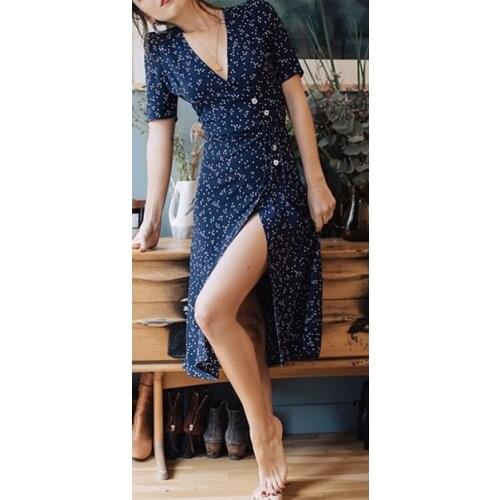 Elfbop Viscose Wrap Style Midi Length Dress With Waist Ties & Button Closure - Ladies V Neckline Green/Navy/Orange Floral Prin