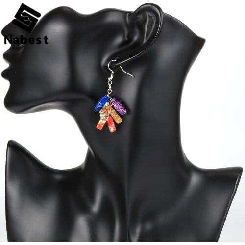Women Natural Stone 7 Chakras Earring Dangling Pierced 4X13mm Rectangle Emperor Stone Earrings Hoop Reiki Prayer Hanging Jewelry