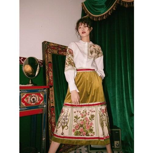 Womens 2021 Apring Autumn Fashion Elegant Designer Suit Cotton Plant Print Loose Shirt + Retro Velvet Skirt 2-Piece Set Ladies