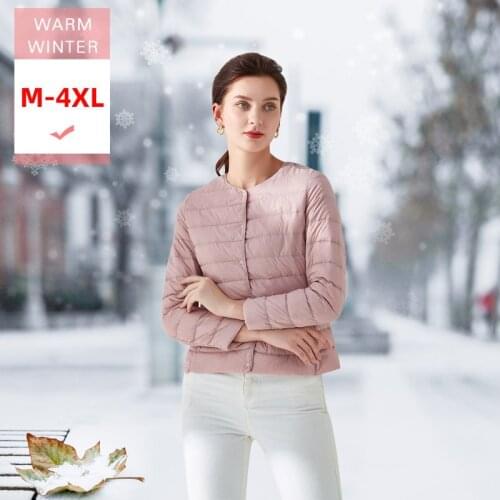 M-4xl New Autumn Winter Women O Neck Short White Duck Down Jacket Female Ultra Light Slim Thin Warm Soft Feather Liner Outwear
