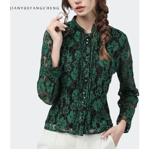 Vintage Women Green Lace Top Long Sleeve Short Slim Single-breasted Shirt Elegant Hollow Out Cut Floral Blouses 2020 Autumn New
