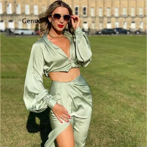 2 Piece Set Women Summer Beach Vacation Outfits Sexy Cropped Blouse Shirts High Split Long Skirt Matching Suit Clothes