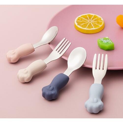 2021 New Baby Feeding Spoon Fork Set Silicone Handle Cute Cat Paw 316 Stainless Steel Cutlery Infant Heat-Resistant Tableware