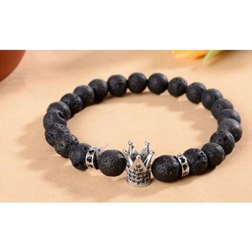 8mm fg454 Crown gold cz zircon cubic zirconia elastic adjusted black volcanic lava Bracelet Stone bead essential oils diffuser