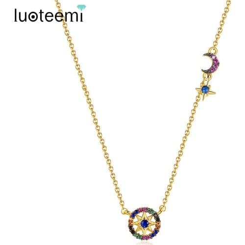 LUOTEEMI Greek Long Link Chain Pendant Necklace Moon and Star Multiple Color CZ Stone Necklace Romantic 2020 Fashion Jewelry
