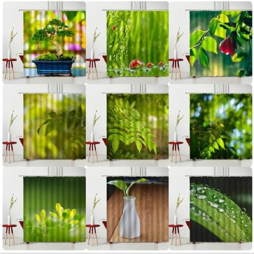 Botany Shower Curtain Spring Green Potted Plants leaves Dewdrop Bathtub Decoration Photographic Background 240X180cm