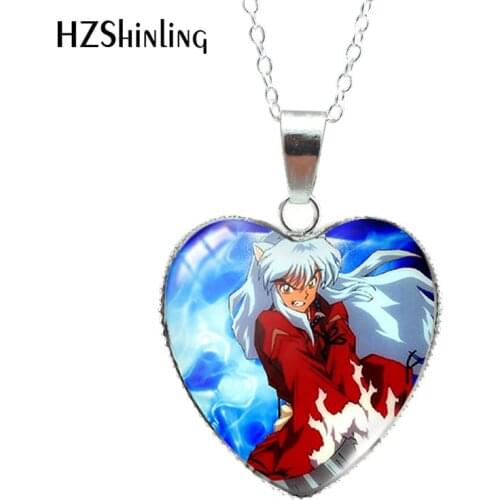 Inuyasha Paintings Heart Shaped Glass Cabochon Pendants Fashion Jewelry Necklace