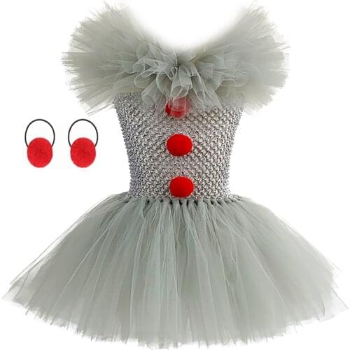 Joker Pennywise Tutu Dress for Girls Kids Gray Clown Costume Halloween Cosplay Clothes Children Birthday Fancy Dresses 1-12 Year